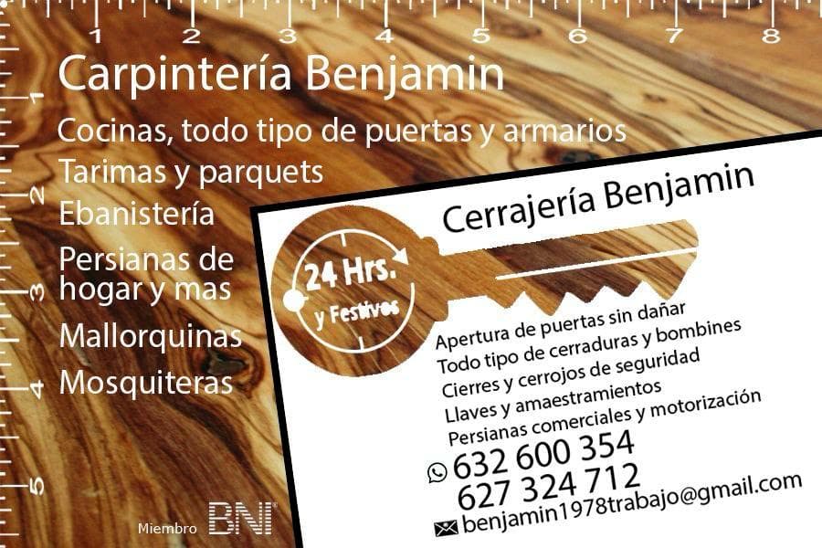 Tarjeta de visita de Carpintería y Cerrajería Benjamín: 24 horas y festivos, apertura de puertas sin dañar, cerraduras y bombines, persianas, carpintería, 632 600 354